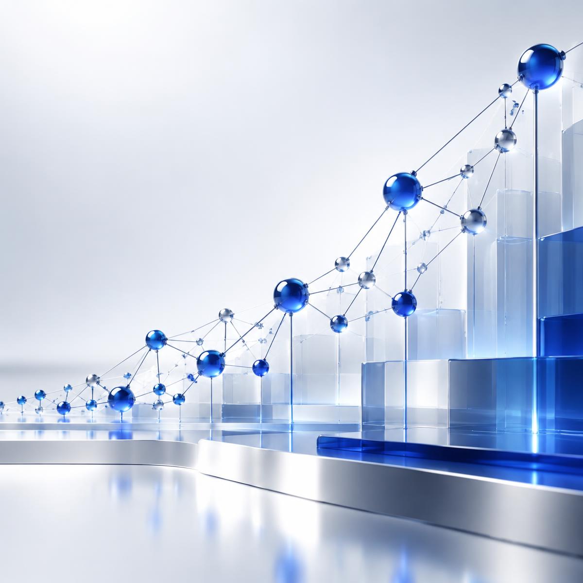 Abstract network of connected nodes rising along a growth curve